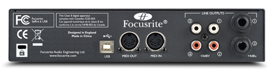 Внешняя USB звуковая карта Focusrite Saffire 6 ( вид сзади )