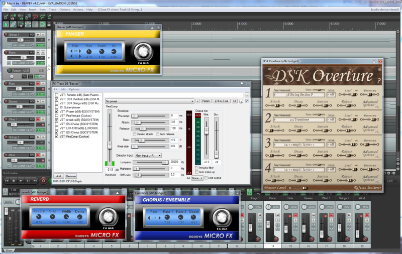 VST instrument DSK Overture and effects ESI Phaser, Reverberation and Chorus and ReaCompressor in DAW REAPER