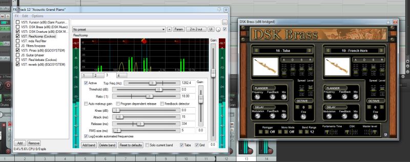 VST процессор ReaXcomp и инструмент DSK Brass в DAW REAPER