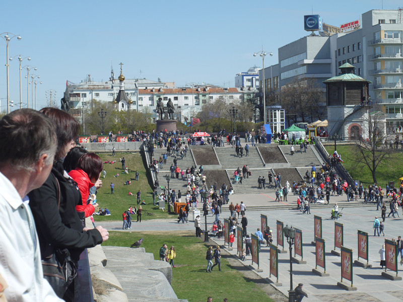 City founder monument Tatischev and de Genin, Yekaterinburg, Day of the Victory celebration at 9th May of 2016 year